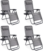 Sweetcrispy Zero Gravity Chairs, Set of 4 Portable Recliner Beach Camping Patio Outdoor Folding Lounge Chair with Cup Holder Trays and Adjustable Pillow for Poolside, Garden, Backyard, Lawn (Grey)