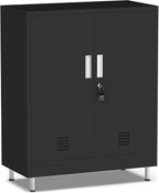 JINGUR Metal Storage Cabinet with Locking Doors and 2 Adjustable Shelves, Lockable Storage Cabinet for Home Office Garage Pantry Living Room (Black)