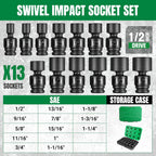 SK 1/2" Drive Universal Swivel Impact Socket Set, SAE Socket Set, 13-Piece, Premium CR-MO Steel, SureGrip 6 Point Design, with Storage Case