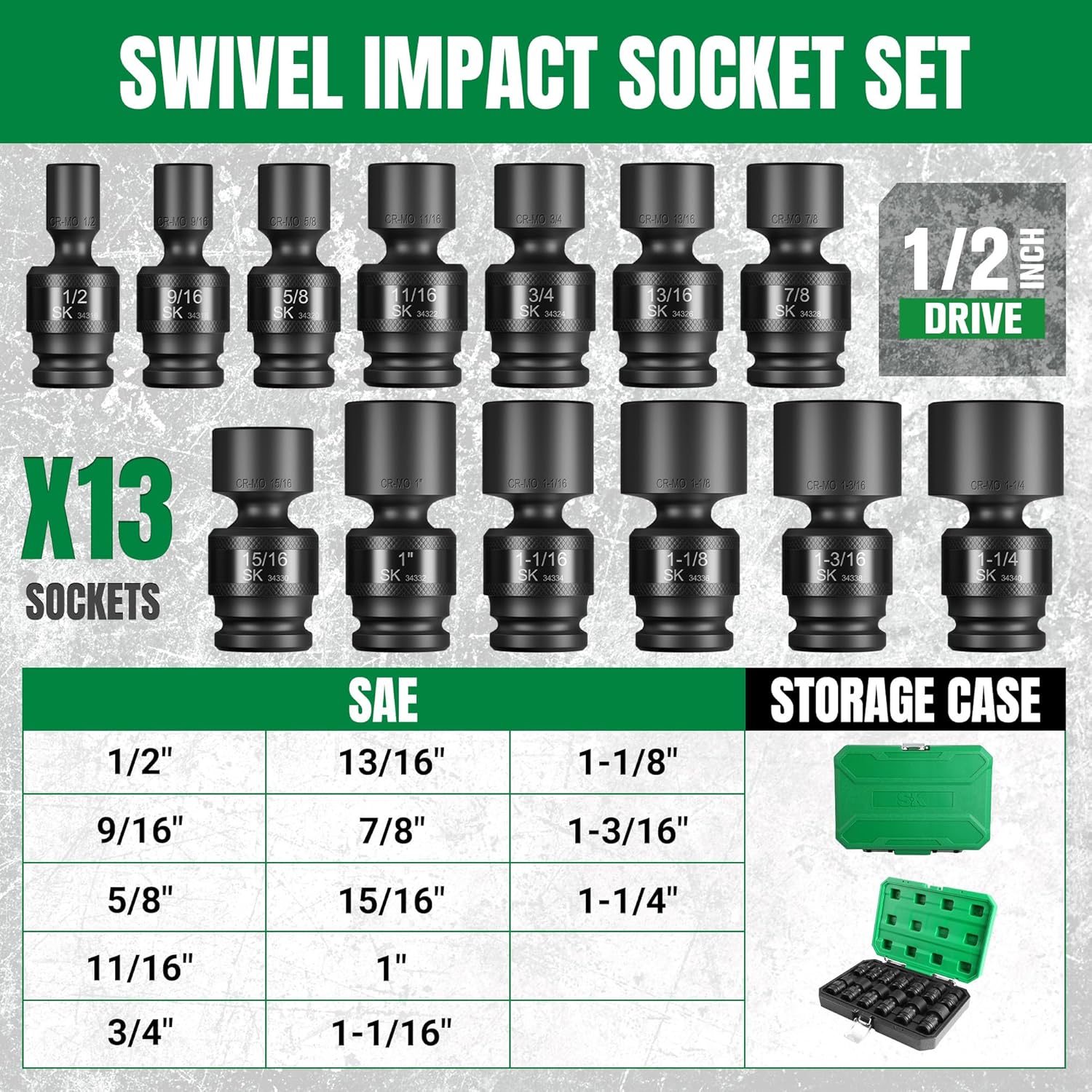 SK 1/2" Drive Universal Swivel Impact Socket Set, SAE Socket Set, 13-Piece, Premium CR-MO Steel, SureGrip 6 Point Design, with Storage Case