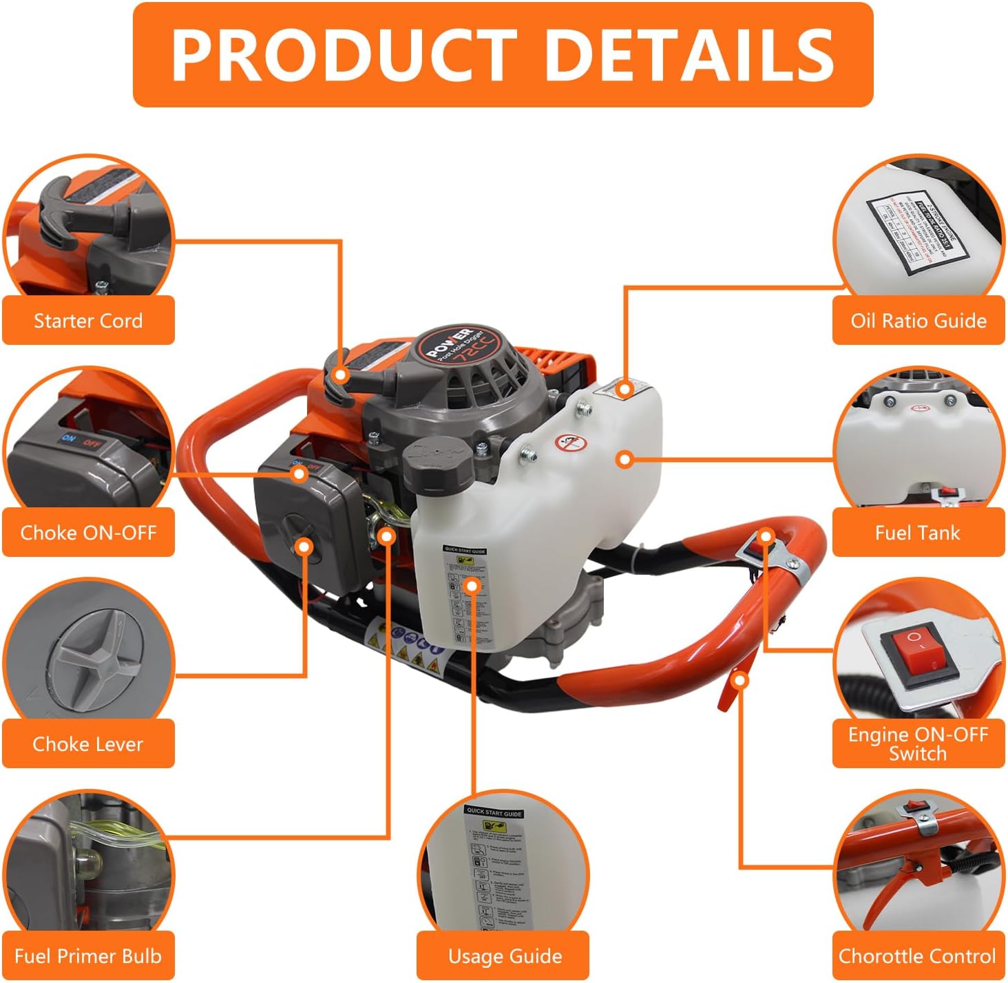 72CC Auger Post Hole Digger  2 Stroke Gas Powered Earth Post Hole Digger with 2 Auger Drill Bits(6" & 8") + 1 Extension Rods for Farm Garden Plant  Orange (72CC)