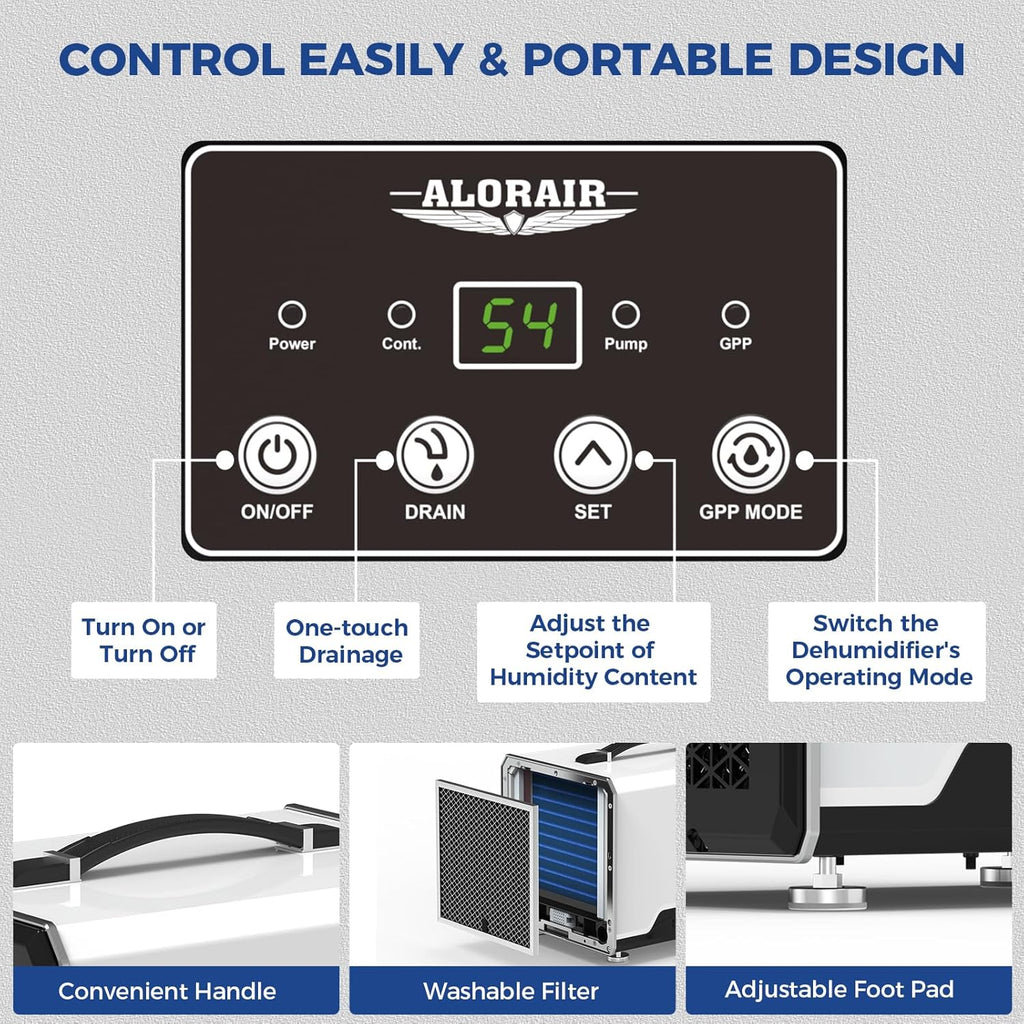 ALORAIR 120 PPD Commercial Dehumidifier with Pump, Crawl Space Dehumidifier for Up to 1,500 Sq. Ft., Portable Industrial Water Damage Unit for Basement, Home, Garage, Attic, 5-Year Limited Warranty