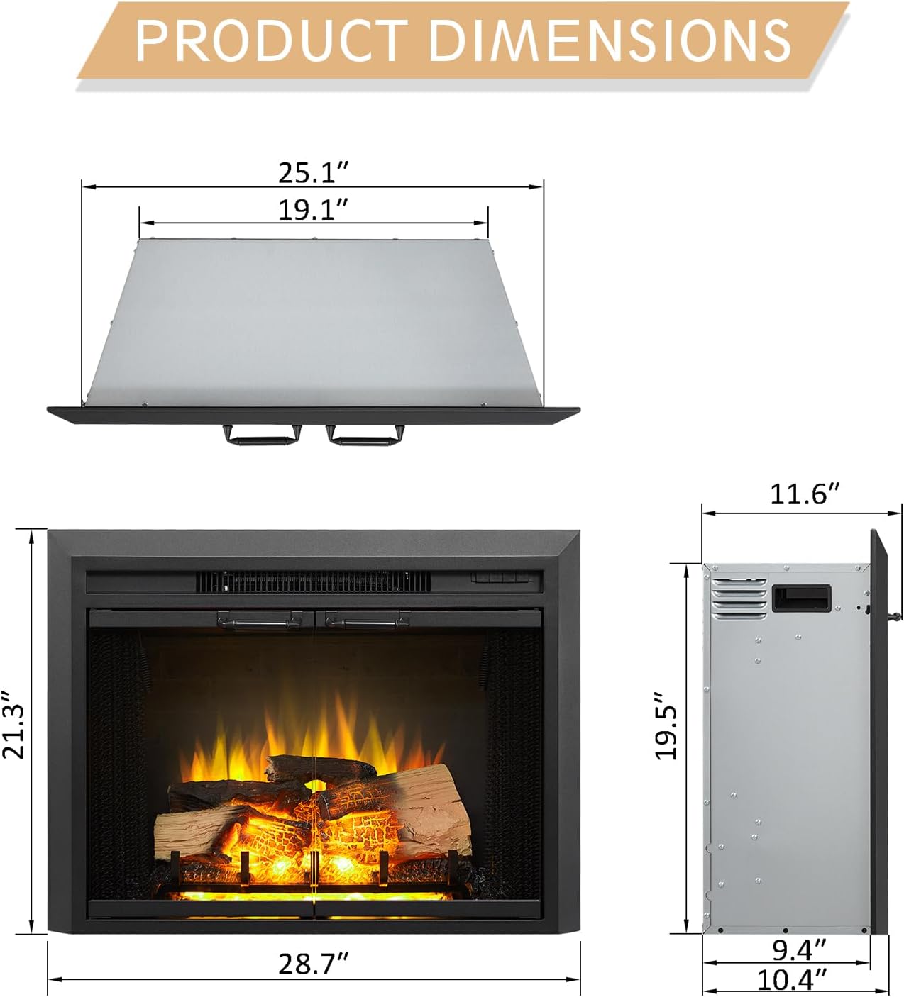 LegendFlame® Damon 28" W Electric Fireplace Insert with Glass Door and Mesh Screen (EF262B), Fireplace Heater 750/1500W, Fire Crackling Sound, Remote Control.