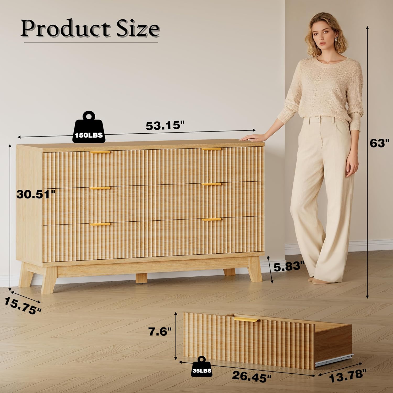 53" Long Dresser for Bedroom, 6-Drawer Dresser with Fluted Fronts, Wide Wood Chest of Drawers, Smooth Metal Slides, Stable Base, Modern Clothes Storage Cabinet for Living Room, Hallway