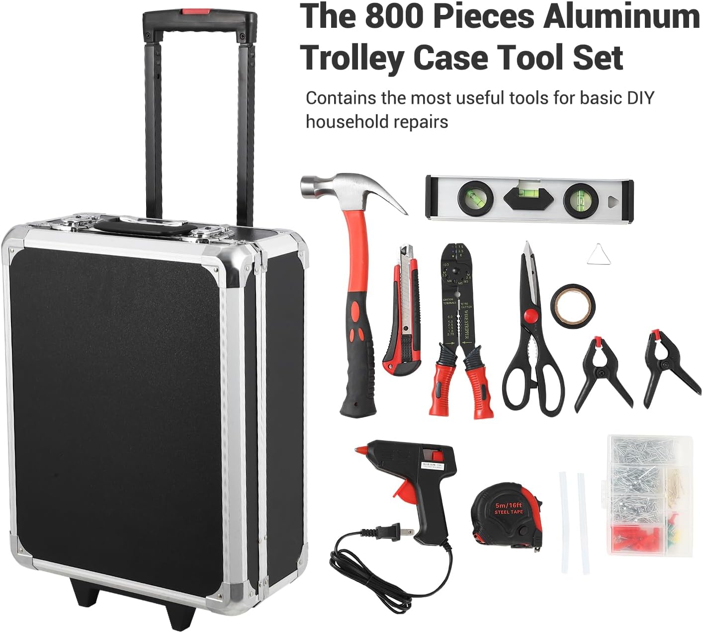 800-Piece Mechanics Tool Set with Rolling Aluminum Case, Complete Socket & Wrench Kit with Hand Tools, Portable Garage Tool Box for Auto Repair, Home Maintenance, DIY Projects & Garden Work