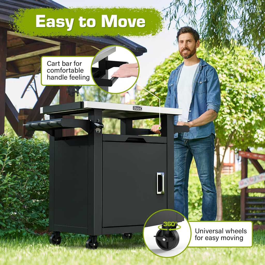 NUUK Grill Table with Storage Cabinet  Outdoor Bar Cart Pizza Oven Table with Wheels  Stainless Steel Top Kitchen Island 20" x 30" Rolling Prep Station for Indoor  BBQ  Deck  Backyard