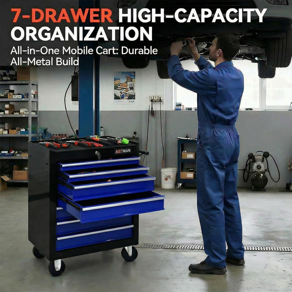 7 Drawers Tool Cart on Wheels,Multifunctional Rolling Tool Chest Tool Storage,Drawers Rolling Tool Trolley Organizer Tool Case for Garage,Warehouse,Workshop,Repair Shop (7 Drawers-Black&Blue)