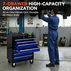 7 Drawers Tool Cart on Wheels,Multifunctional Rolling Tool Chest Tool Storage,Drawers Rolling Tool Trolley Organizer Tool Case for Garage,Warehouse,Workshop,Repair Shop (7 Drawers-Black&Blue)