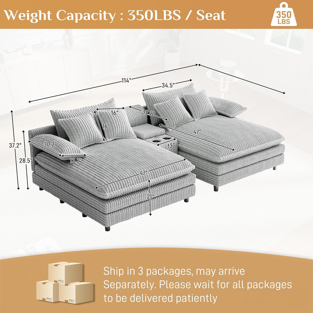 Oversized Chaise Lounge Chair Indoor with Cup Holders, Fast Charging USB, Storage & Adjustable Backrest, 114"Wx 59"D Comfy Corduroy Sleeper Loveseat Fluffy Reading Chairs for Living Room, Grey