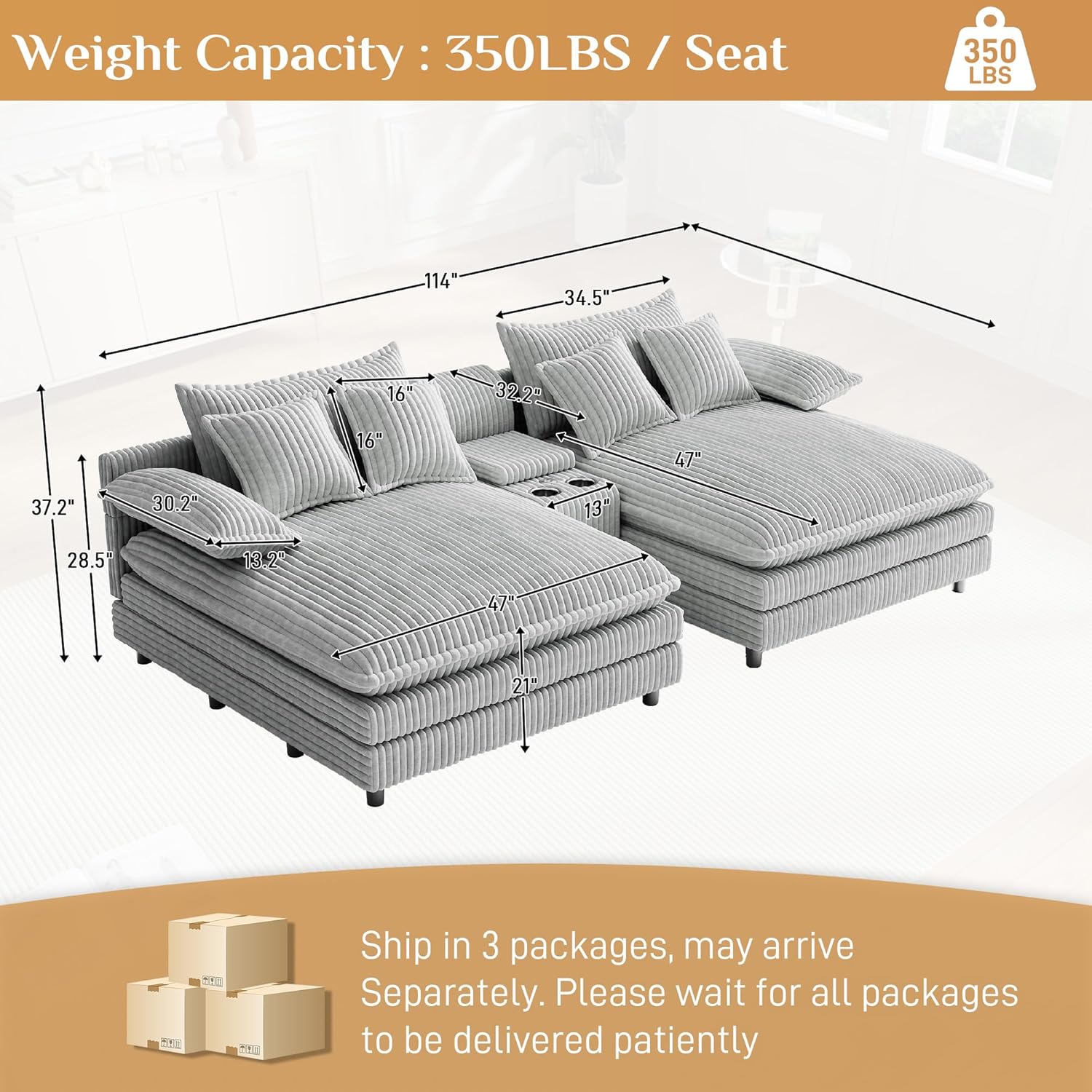Oversized Chaise Lounge Chair Indoor with Cup Holders, Fast Charging USB, Storage & Adjustable Backrest, 114"Wx 59"D Comfy Corduroy Sleeper Loveseat Fluffy Reading Chairs for Living Room, Grey