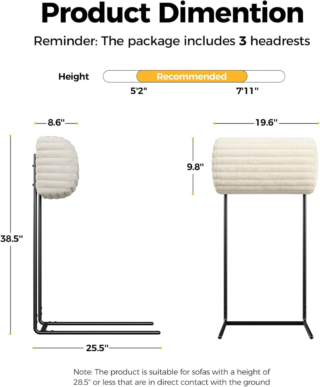 CAMMOO Couch Headrest Extender, Ergonomic Neck & Head Support for Legless Low Back Sofa, Sturdy Fixed-Height Metal Frame Sofa Backrest Extender, Fits Boneless Couch Under 28.5" (3 Pack, Beige)