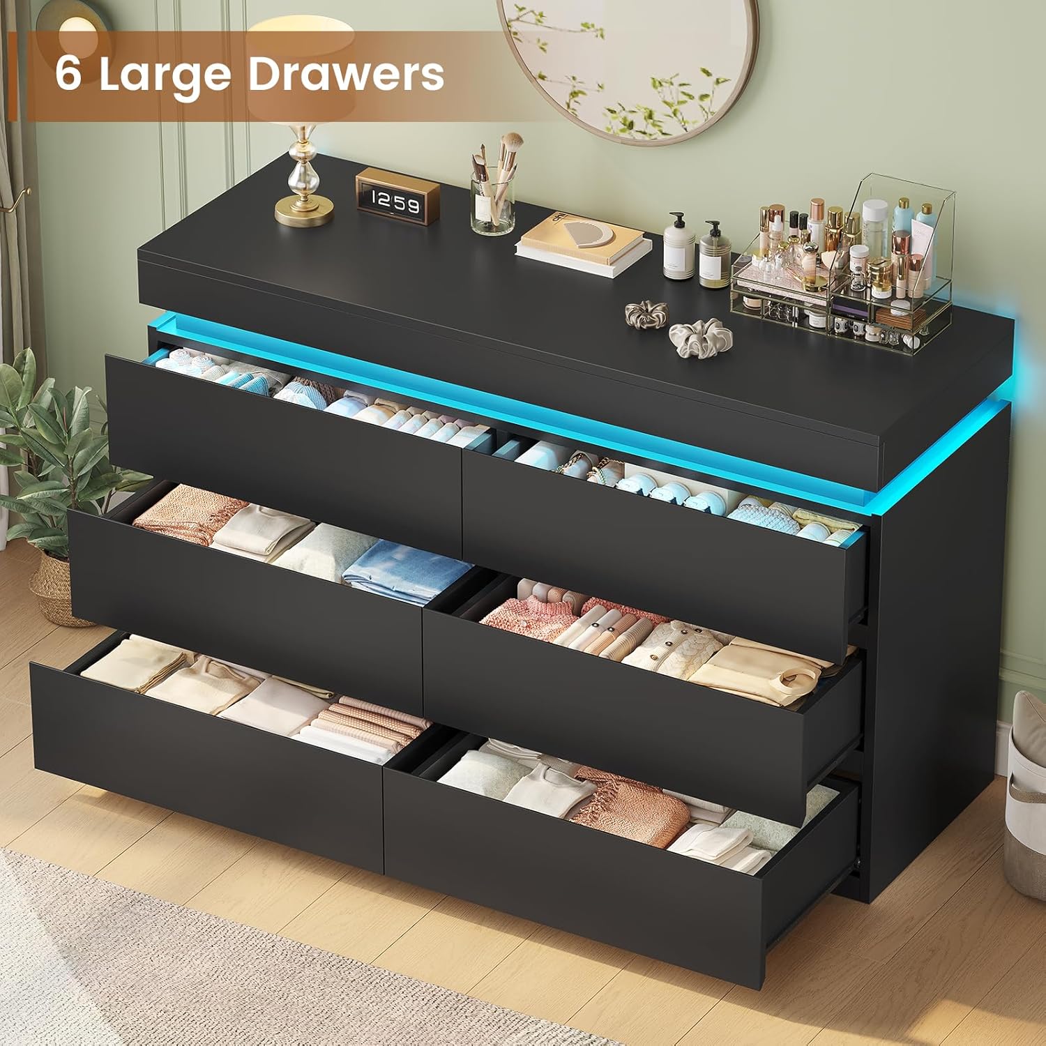 6 Drawer Dresser with LED Light, Black Modern Chest of Drawers for Bedroom,Closet Dressers with Drawers for Living Room, Entryway, Hallway