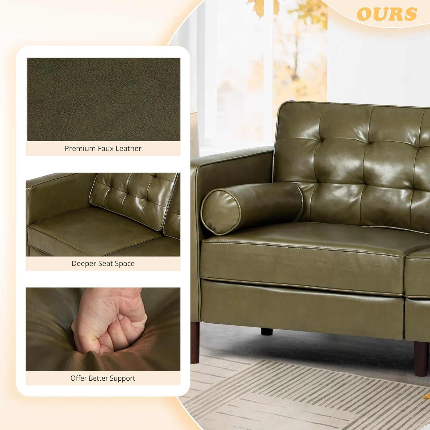 67" Premium Faux Leather 2-Seater Sofa with 2 Bolster Pillows and Tufted Backrest, Mid-Century Modern Loveseat Sofa, Luxury Couch for Living Room, Bedroom, Office, Olive Green
