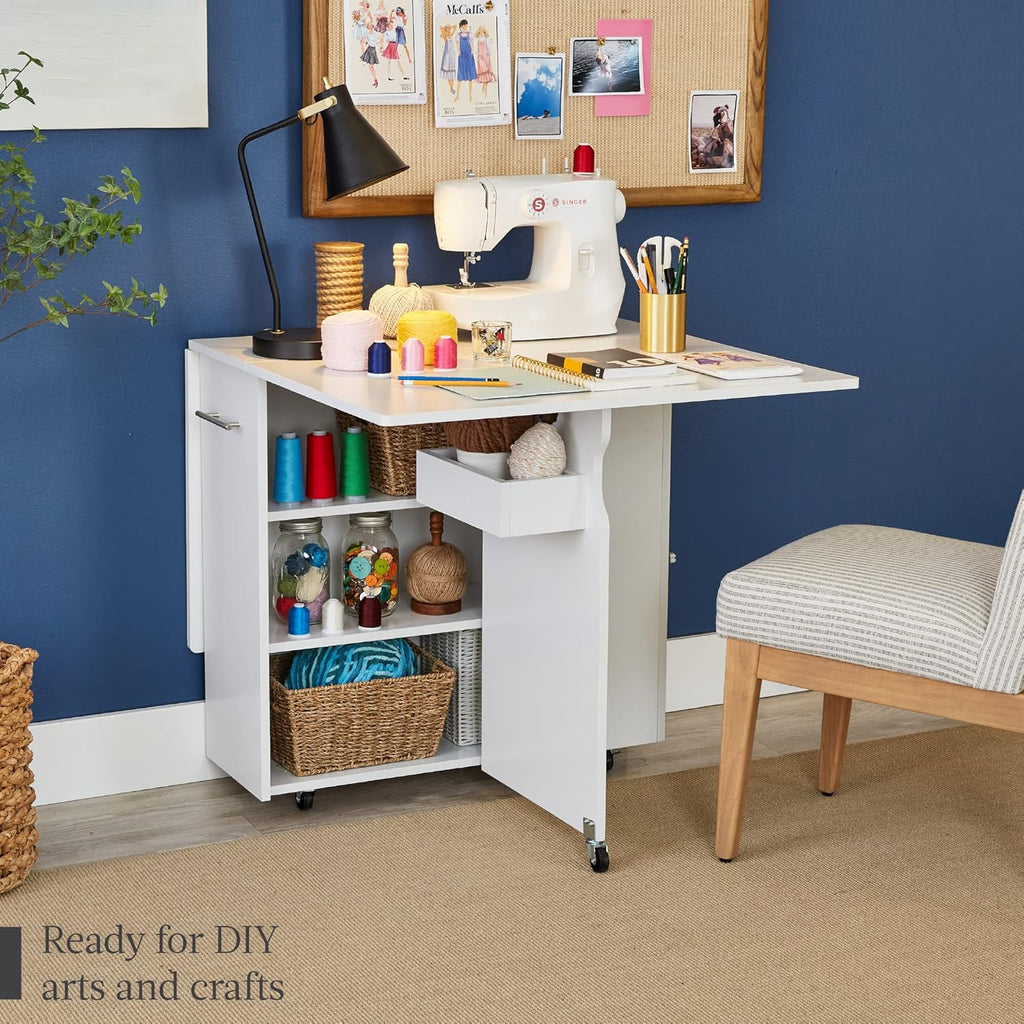 Best Choice Products Folding Dining Table, Multipurpose Space Saving Collapsible Drop Leaf Extension Desk w/Wheels, 3 Storage Shelves - White