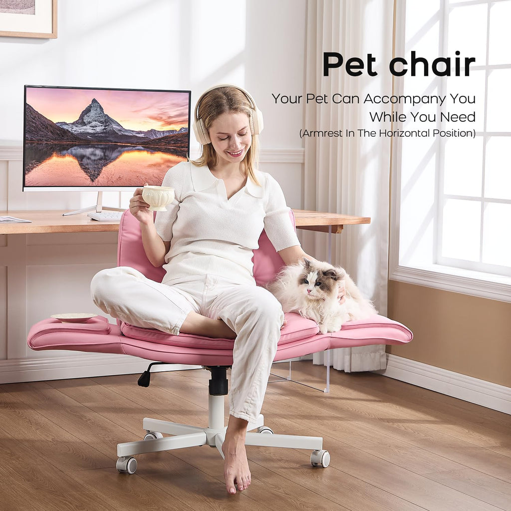 amseatec Criss Cross Chair with Armrests & Wheels, PU Leather Vanity Chair, Comfortable Adjustable Swivel Computer Office Desk Chairs for Home, Make Up, Bed Room (Pink)