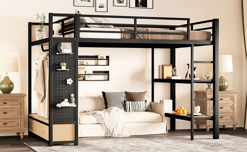 Bellemave Full Size Metal Loft Bed Frame with Wardrobe and Storage Shelves, Loft Bed with Pegboard and Drawers, Space-Saving Loft Bed Frame with Full-Length Guardrails, Black