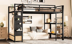 Bellemave Full Size Metal Loft Bed Frame with Wardrobe and Storage Shelves, Loft Bed with Pegboard and Drawers, Space-Saving Loft Bed Frame with Full-Length Guardrails, Black