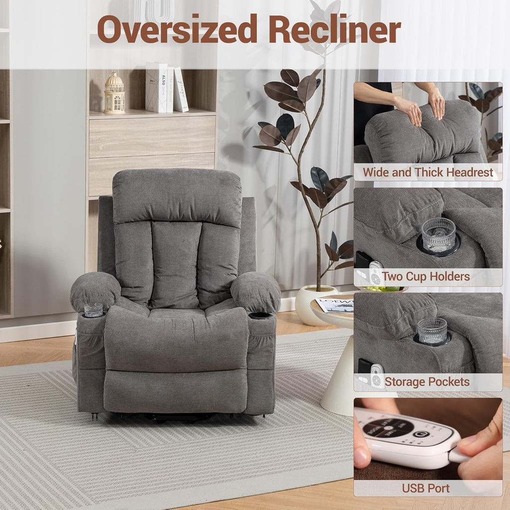 Lift Chair for Elderly with 8 Vibration Points Massage and Heat, Power Electric Recliner Featuring Cup Holders Side Pockets & USB Charge Port for Living Room, Gray