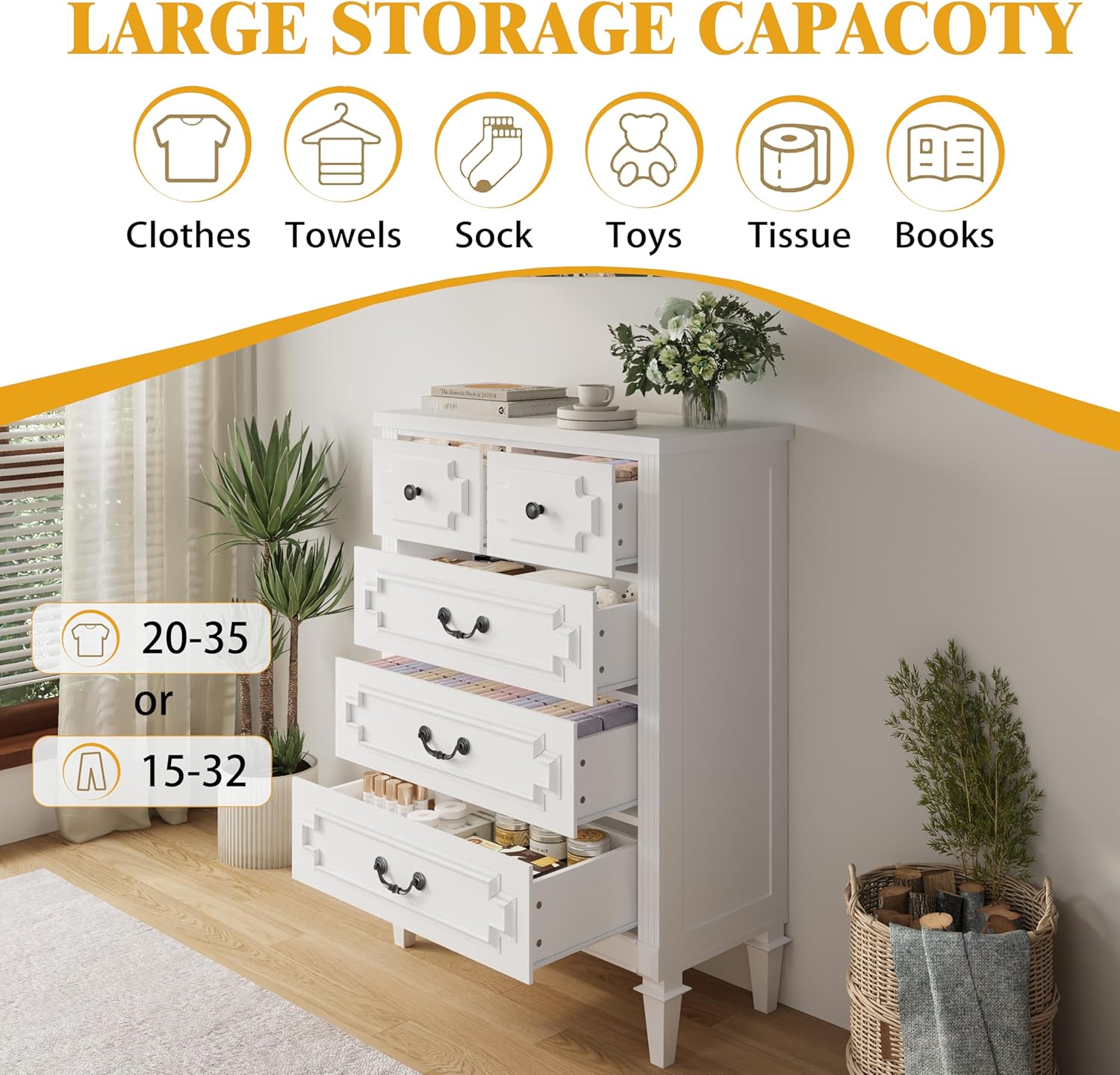 5 Drawer Dresser for Bedroom, 44" Tall Dresser & Chest of Drawers wtih Vintage Surface, Closet Storage Cabinet for Living Room, Hallway, White
