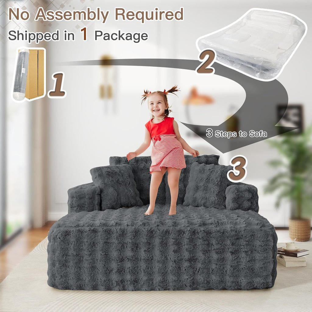 56" W Oversized Chaise Lounge Chair Indoor,Plush Faux Fur Sleeper Couch Sofa Bed with Pillows,Fluffy Comfy Cloud Sofa,Compression Foam Boneless Couch for Living Room,Bedroom(Bubble, Grey)
