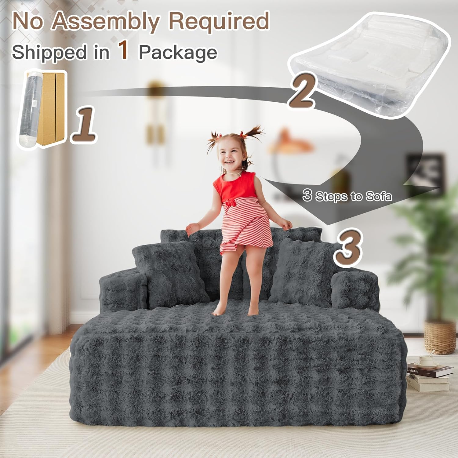 56" W Oversized Chaise Lounge Chair Indoor,Plush Faux Fur Sleeper Couch Sofa Bed with Pillows,Fluffy Comfy Cloud Sofa,Compression Foam Boneless Couch for Living Room,Bedroom(Bubble, Grey)