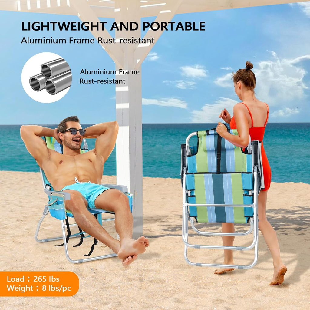 VINGLI Tall Beach Chair 2 Pack Lightweight, Backpack Beach Chair for Adults with 5-Position, Cooler Bag, Cup Holders, Towel Bar, Lightweight Folding Beach Camping Chairs （Blue/Green-16