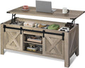 WLIVE 47.3" Farmhouse Lift Top Coffee Table with Sliding Barn Doors, Large Hidden Storage Compartment and Adjustable Shelf for Living Room,Office, Greige