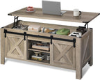 WLIVE 47.3" Farmhouse Lift Top Coffee Table with Sliding Barn Doors, Large Hidden Storage Compartment and Adjustable Shelf for Living Room,Office, Greige