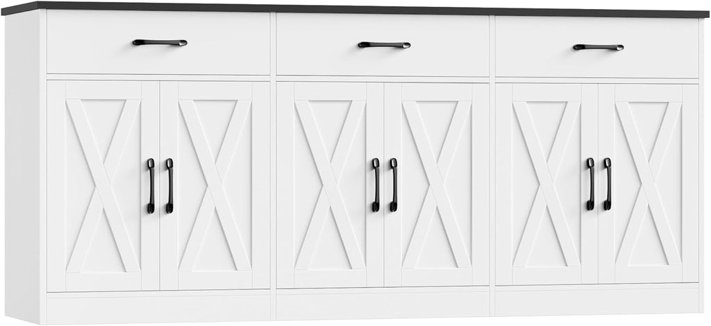 HOSTACK 71" Large Sideboard Buffet Cabinet with Storage, Farmhouse Coffee Bar Cabinet with 3 Drawers, Long Kitchen Buffet Table, Kitchen Sideboard Storage Cabinet for Dining, Living Room, White/Black