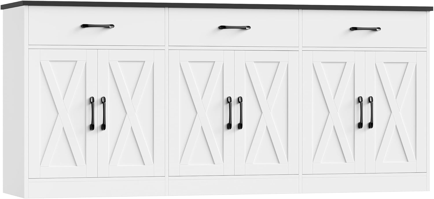 HOSTACK 71" Large Sideboard Buffet Cabinet with Storage, Farmhouse Coffee Bar Cabinet with 3 Drawers, Long Kitchen Buffet Table, Kitchen Sideboard Storage Cabinet for Dining, Living Room, White/Black