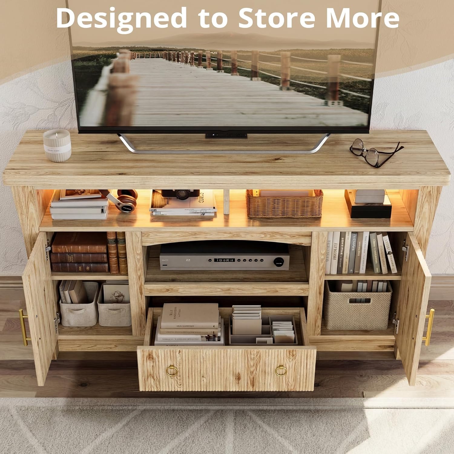 LIKIMIO TV Stand for TVs 65 inch, Entertainment Center with Power Outlet and Led Lights, TV Console with Storage Cabinets and Drawer, Farmhouse TV Stands for Living Room