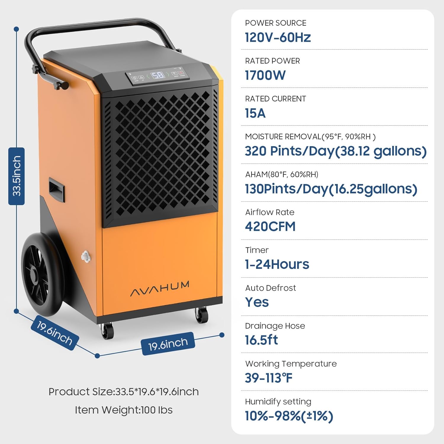 Commercial Dehumidifier for Basement,320 Pint Commercial Grade Dehumidifiers,9500 sqft Large Spaces for Industrial, 24H Timer,38 Gallon/Day,Continuous Dehumidification,Auto Defrost,For 20A Socket
