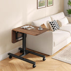 Homkdom C Shaped Table with Wheels, Side End Table with Extended Desktop, Adjustable Rolling Desk for Small Space, Dorm, Height Adjustment (29.5"-44"), Walnut Brown