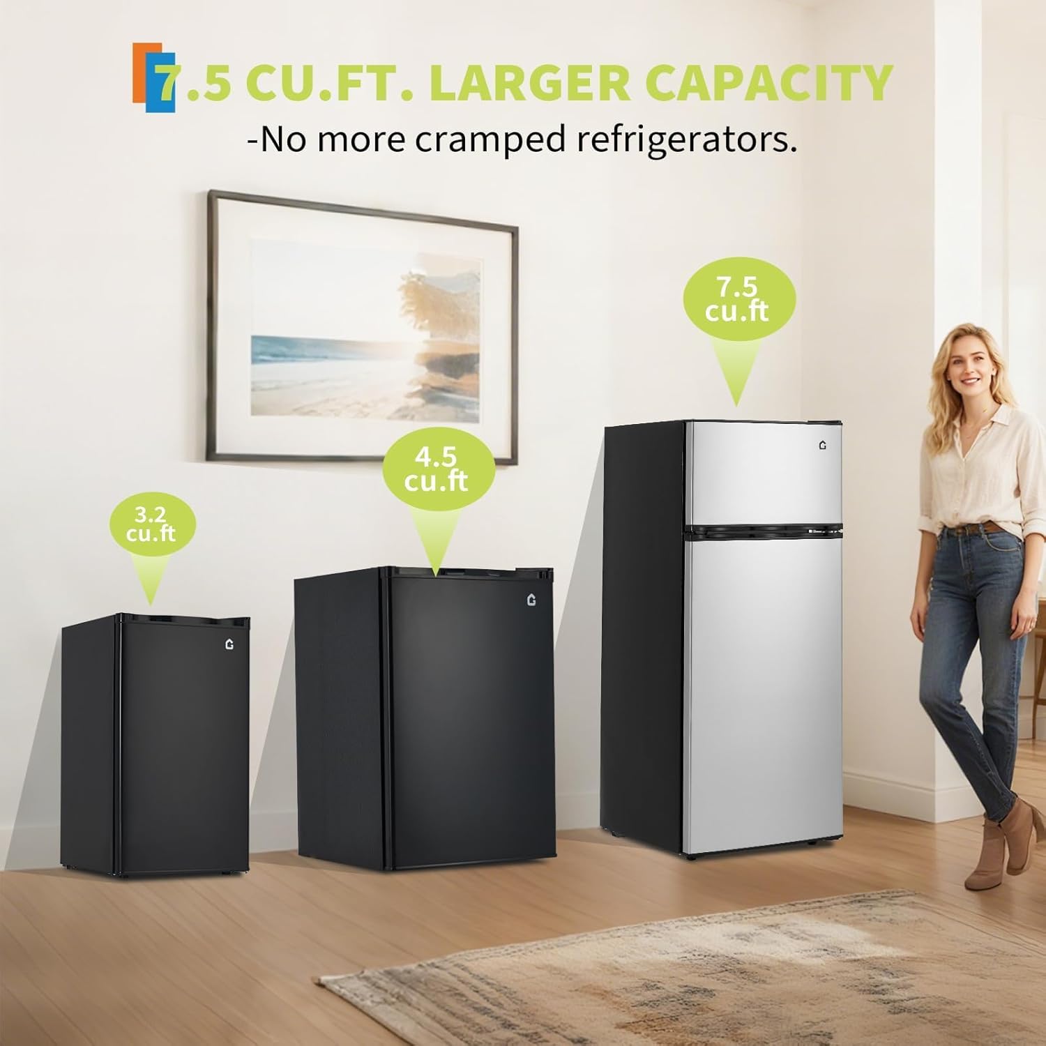 7.5 Cu.Ft Refrigerator with Freezer, 2 Door Fridge, 7 Settings Temperature Adjustable, Large Capacity, Food Storage or Cooling drinks,for Dorm, Office, Bedroom, Kitchen, Bar Use