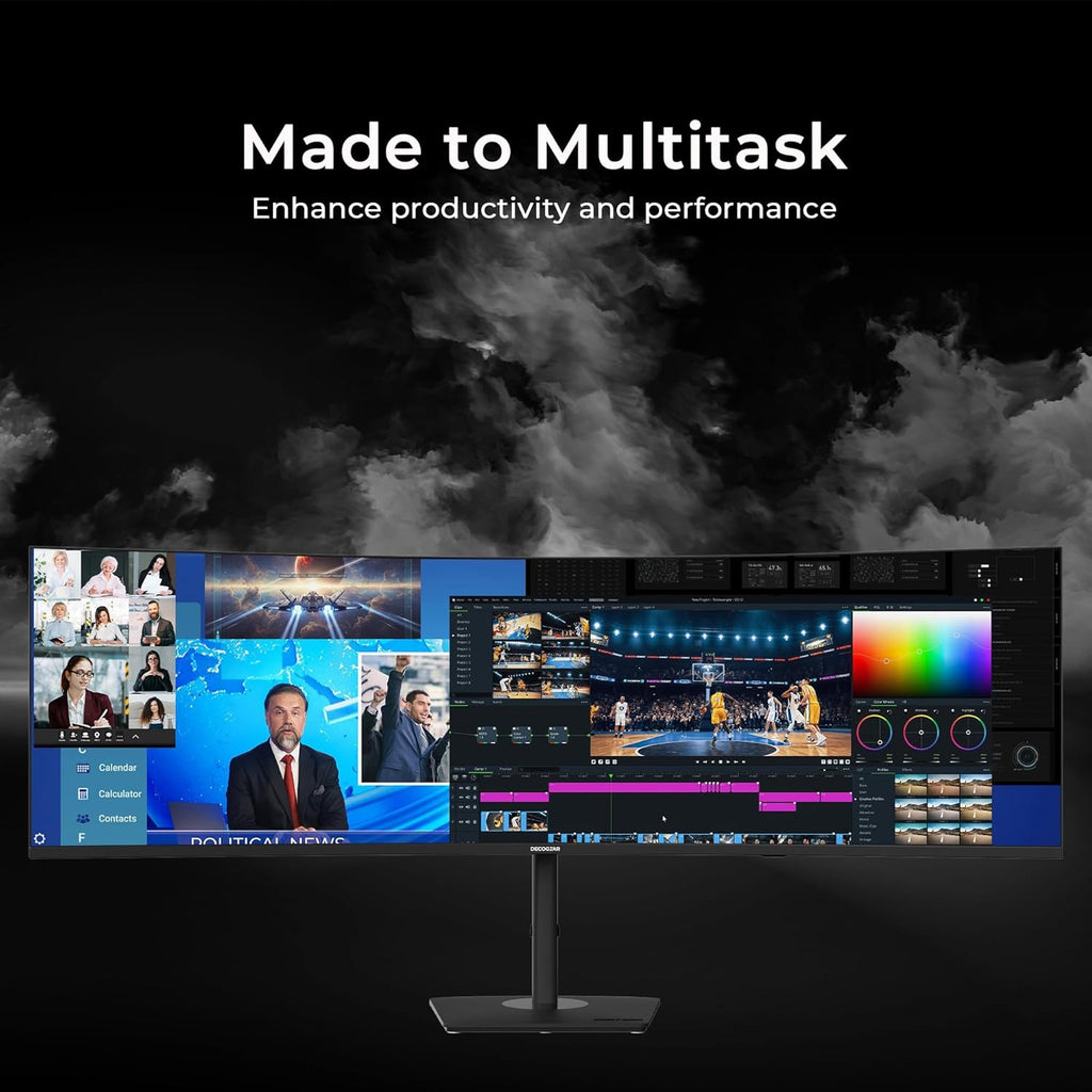 Deco Gear 49″ Curved Ultrawide Dual-QHD Monitor | 5120×1440 32:9 HDR400 | 120Hz VA Panel | USB-C 65W PD  FreeSync  PBP/PIP  KVM Switch | Built-in Speakers & Ergonomic Stand