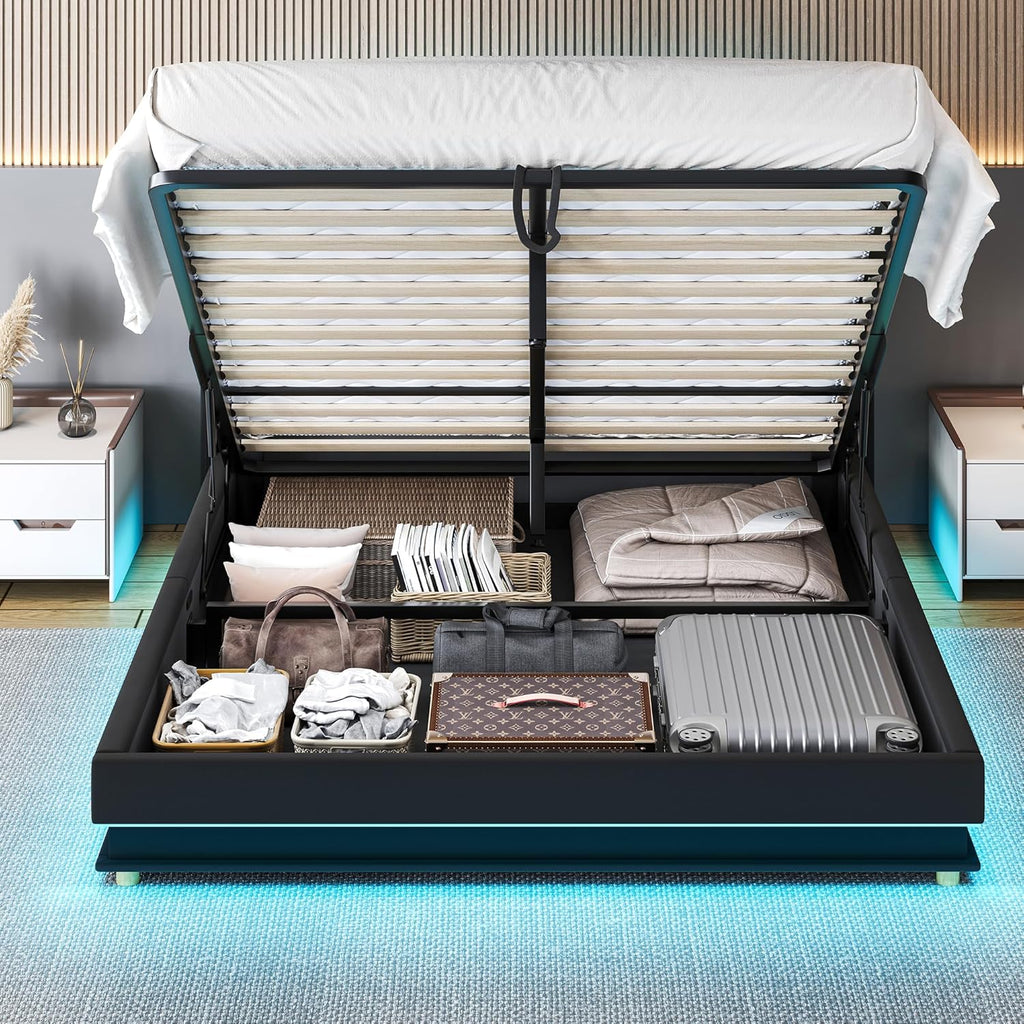 Lift Up Storage Bed Full, Bed Frame Full Size with Charging Station & Led Lights, Upholstered Storage Bed with Wingback 2-Tier Bookcase Headboard, Hydraulic Lift, No Box Spring Needed,Black | lift up bed, breathable material