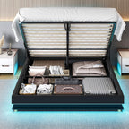 Lift Up Storage Bed Full, Bed Frame Full Size with Charging Station & Led Lights, Upholstered Storage Bed with Wingback 2-Tier Bookcase Headboard, Hydraulic Lift, No Box Spring Needed,Black | lift up bed, breathable material