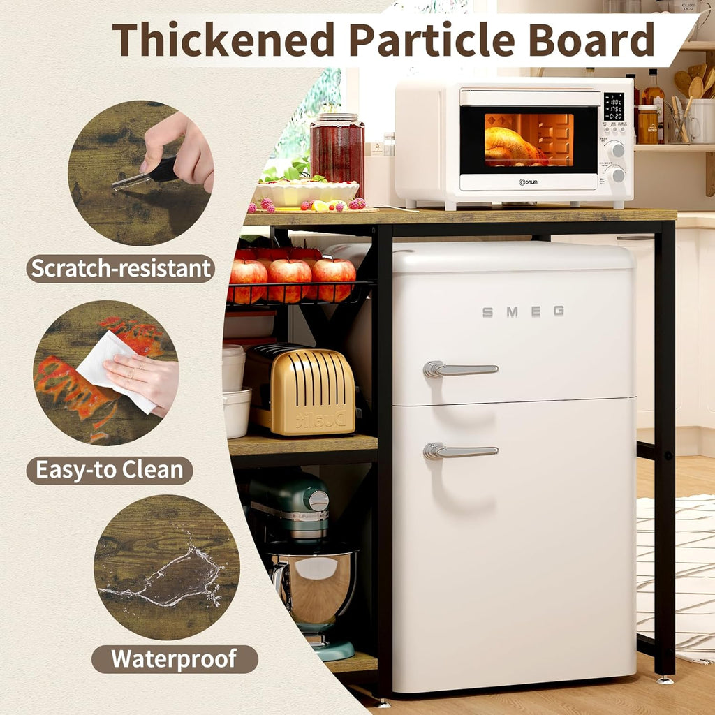 METYERRY Kitchen Bakers Rack with Power Outlet,Mini Fridge Cabinet with Mesh Basket, Mini Fridge and Microwave Table with Storage for Office,Kitchen,Living Room,Coffee Bar,Patio,Brown
