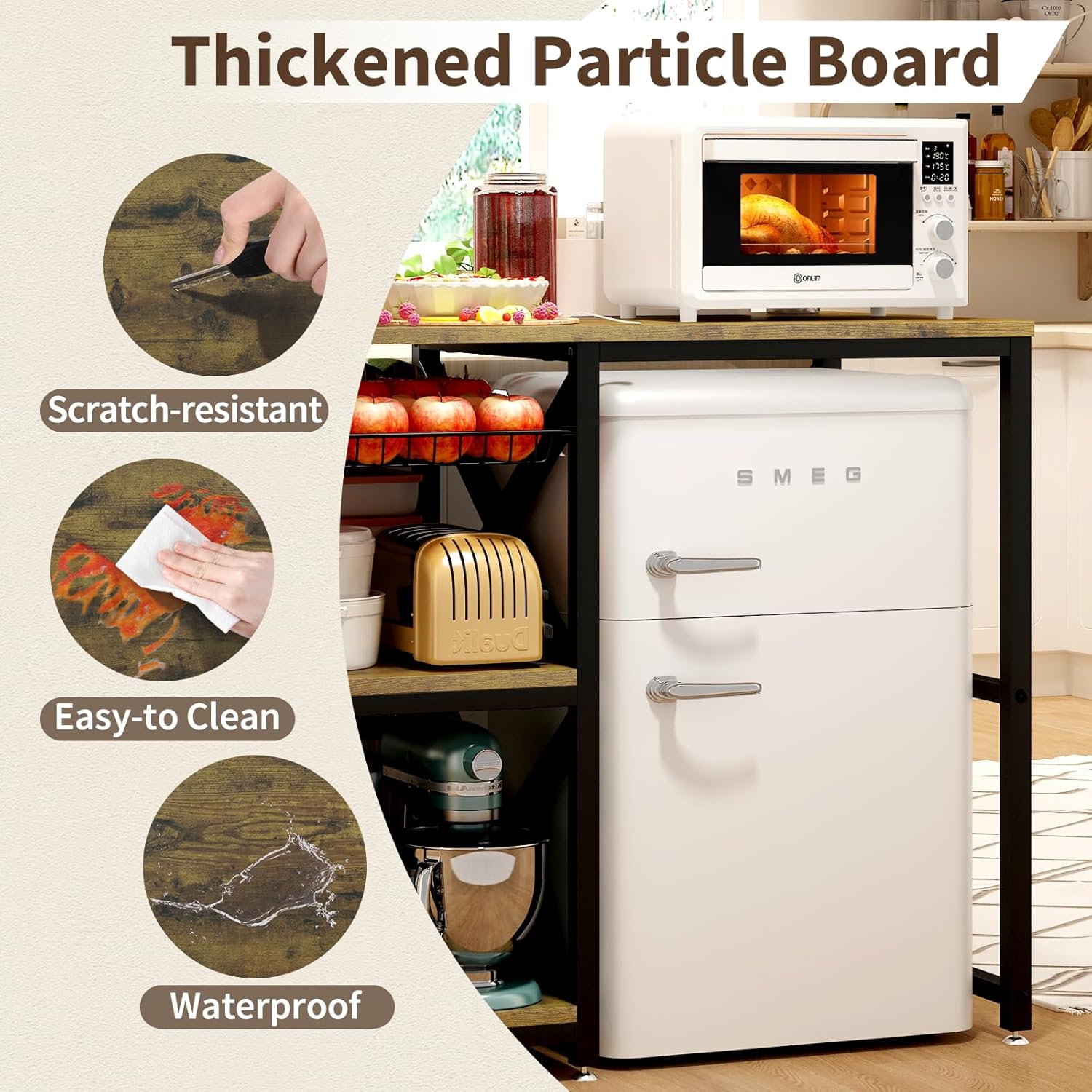 METYERRY Kitchen Bakers Rack with Power Outlet,Mini Fridge Cabinet with Mesh Basket, Mini Fridge and Microwave Table with Storage for Office,Kitchen,Living Room,Coffee Bar,Patio,Brown