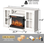 YESHOMY Glass Fireplace TV Stand for TVs up to 65 Inch, Media Entertainment Center with Storage, White Wash