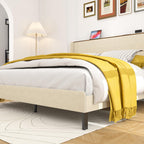 King Size Bed Frame,Upholstered Platform Bed Frame King Size with Vertical Channel Tufted Wingback Headboard/Charging Station/LED Light,Heavy Duty Metal Slats,No Box Spring Needed,Easy Assembly,Beige