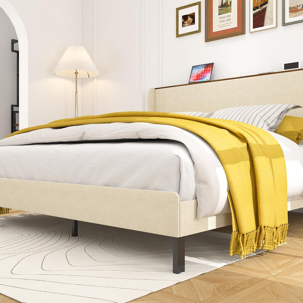 King Size Bed Frame,Upholstered Platform Bed Frame King Size with Vertical Channel Tufted Wingback Headboard/Charging Station/LED Light,Heavy Duty Metal Slats,No Box Spring Needed,Easy Assembly,Beige