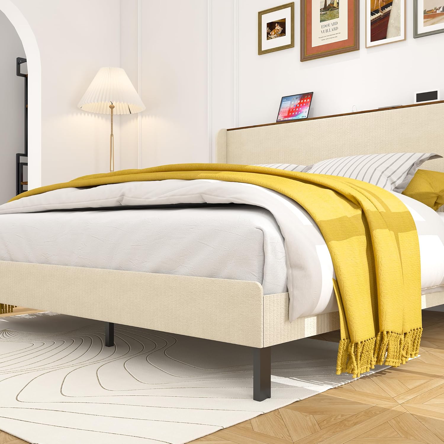 King Size Bed Frame,Upholstered Platform Bed Frame King Size with Vertical Channel Tufted Wingback Headboard/Charging Station/LED Light,Heavy Duty Metal Slats,No Box Spring Needed,Easy Assembly,Beige