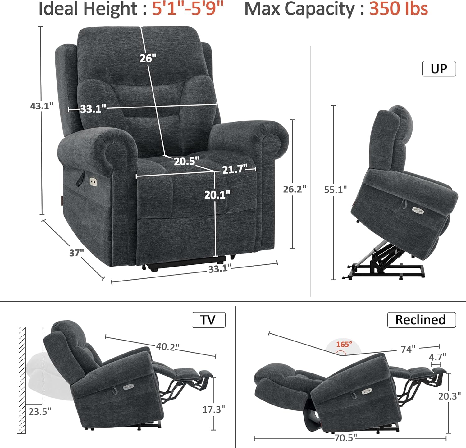 MCombo Triple Motor Power Lift Recliner Chair with Massage and Lumbar&seat Heating, Rolled Arms, Adjustable Headrest for Elderly People, Fabric 7888 (Dark Grey, Medium)