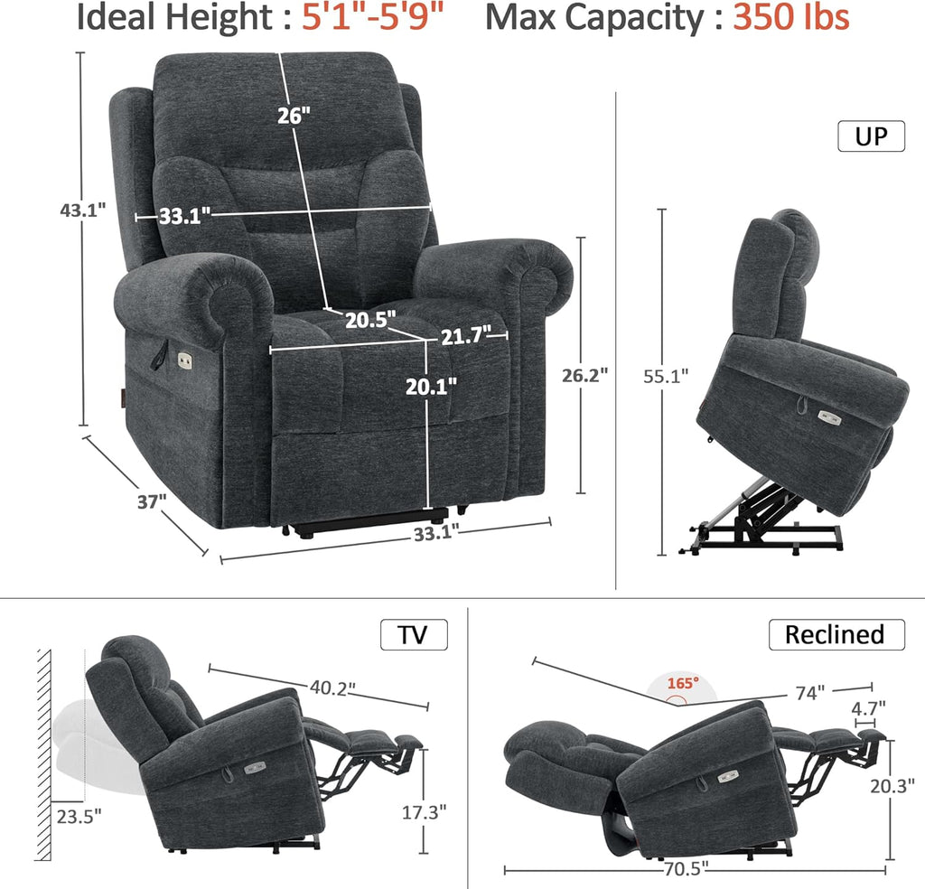 MCombo Triple Motor Power Lift Recliner Chair with Massage and Lumbar&seat Heating, Rolled Arms, Adjustable Headrest for Elderly People, Fabric 7888 (Dark Grey, Medium)