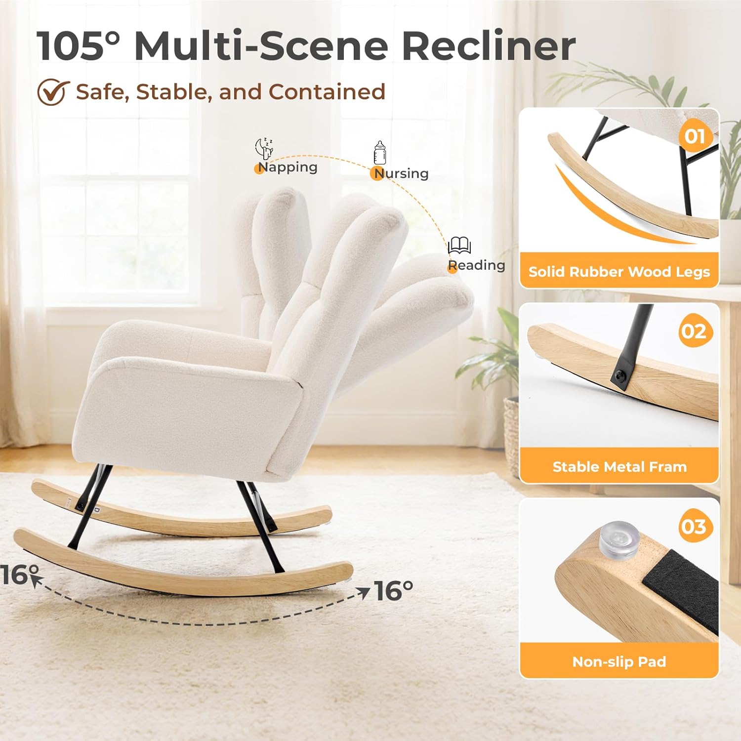 DUMOS Nursery Rocking Chair Teddy Upholstered, Comfy Glider Rocker with High Backrest Armchair Padded Seat, Accent Side Chair for Living Room Bedroom Offices Small Spaces Indoor, Beige