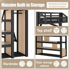 Bellemave Queen Loft Bed Frame with Storage Stairs, Beside Shelf & Wardrobe, Metal Queen Size Loft Bed with USB Ports&LED Light, Large Under-Bed Space Loft Beds for Adults,Teens, Kids, Black Natural