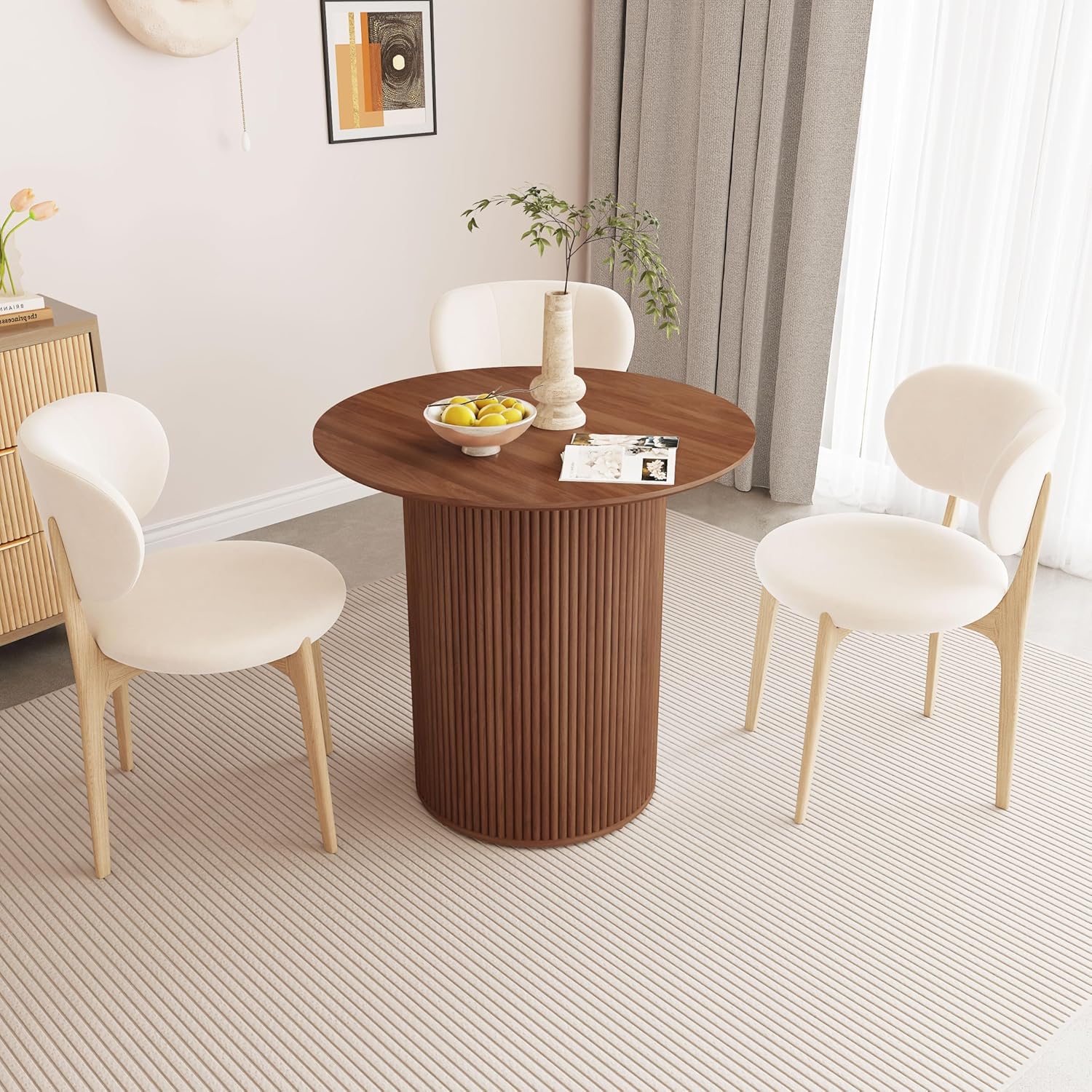 31.5" Small Round Dining Table for 2, Sturdy and Durable Wood Walnut Dining Table Round with Fluted Base, Simple Setup Small Kitchen Table for Living Dining Room Office (Walnut)