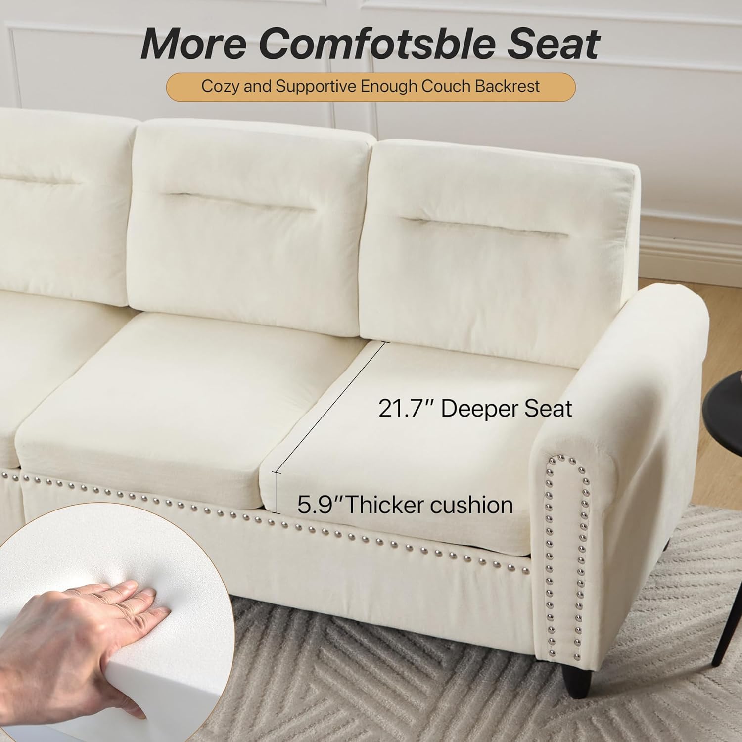 Westice 106" Modular Sectional Sofa with Movable Ottoman, Deep-Seat L-Shaped Couch, 4-Seater Modern Sofa for Living Room, Bedroom, or Apartment (Beige)