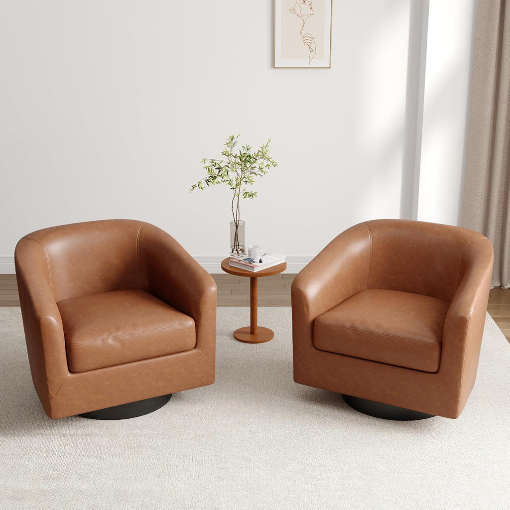 Lumibee Faux Leather Swivel Barrel Chairs Set of 2, Upholstered Comfy Round Swivel Accent Chair, 360° Rotation Single Sofa Club Armchair for Living Room, Reading Room, Bedroom, Brown